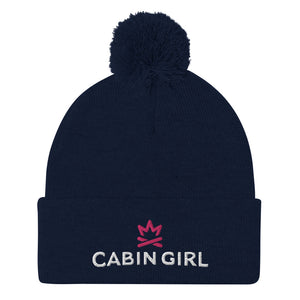 cuffed navy pom beanie with pink embroidered logo