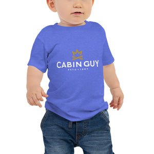 Blue short sleeve jersey baby tee with cabin guy logo