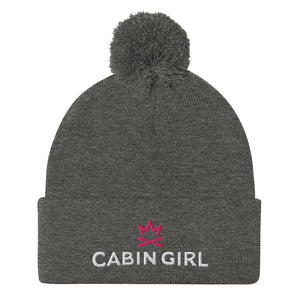 cuffed grey pom beanie with pink embroidered logo