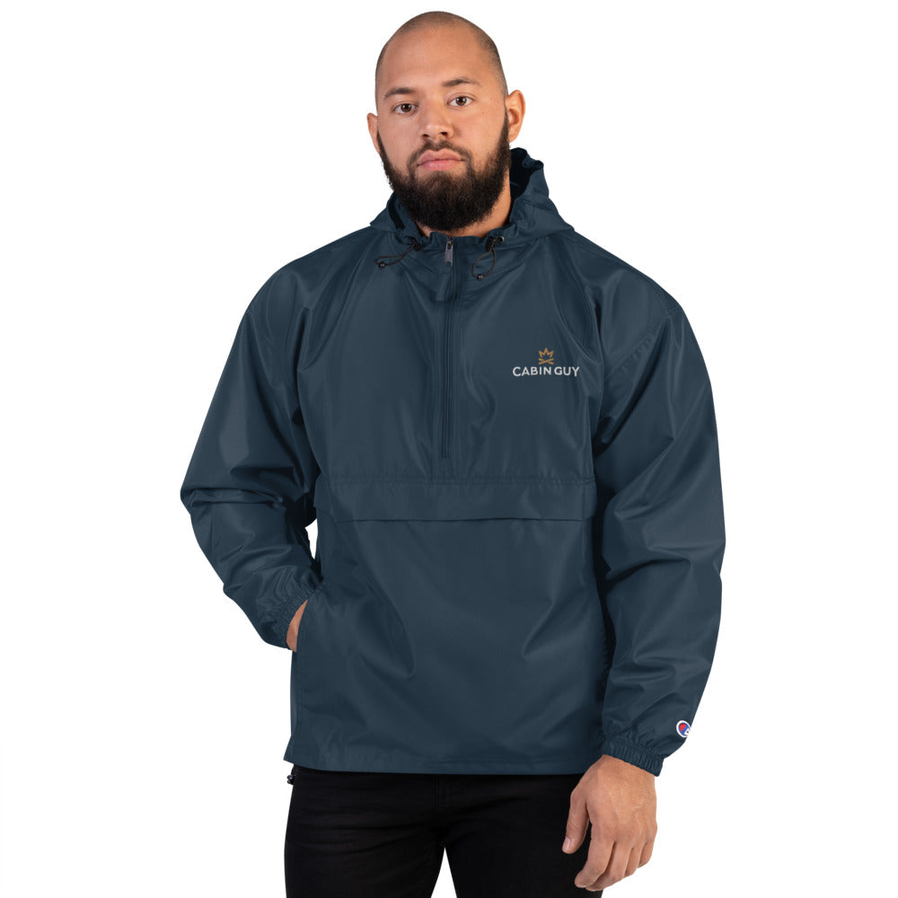 navy blue champion packable rain jacket for camping
