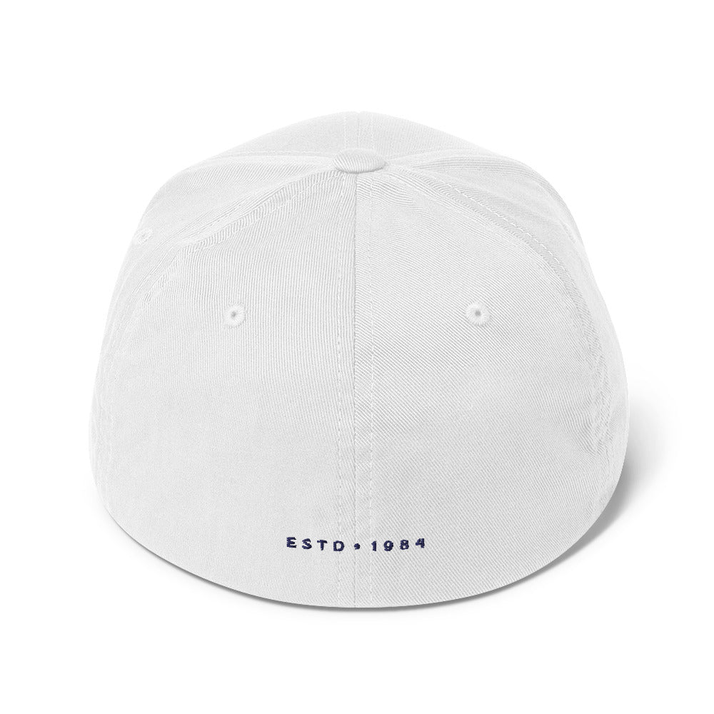 white twill baseball hat with embroidered logo
