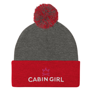 cuffed red pom beanie with pink embroidered logo