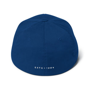 Blue twill flexfit cabin guy cap with embroidered logo