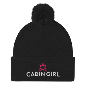 cuffed black pom beanie with pink embroidered logo