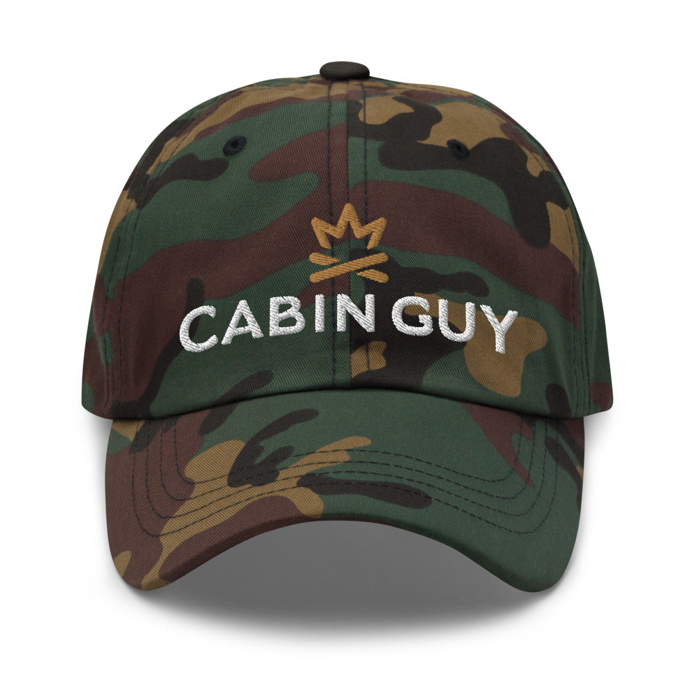classic camo dad hat with embroidered cabin guy logo
