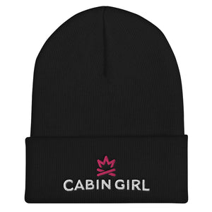 cuffed black beanie with pink embroidered logo