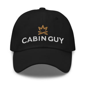 classic black dad hat with embroidered cabin guy logo