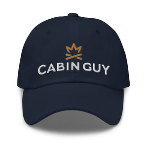 classic navy blue dad hat with embroidered cabin guy logo