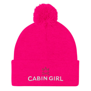 cuffed pink pom beanie with pink embroidered logo