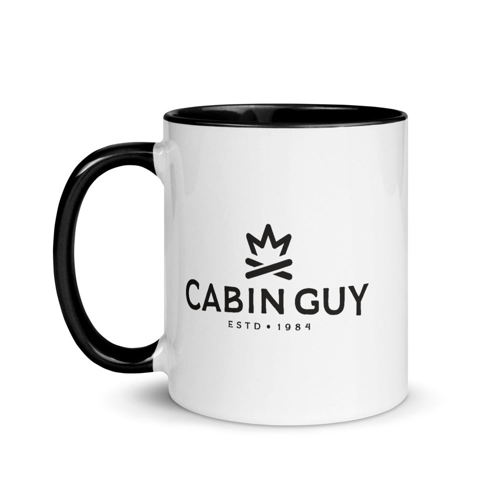 Ceramic cabin mug with cabin guy logo and black interior color