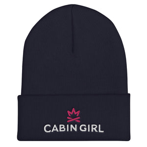 cuffed navy beanie with pink embroidered logo