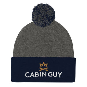 navy pom winter hat with embroidered logo