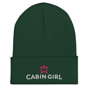 cuffed forest green beanie with pink embroidered logo