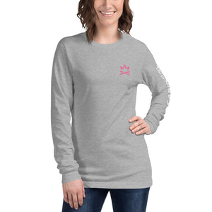 light grey unisex long sleeve camping t-shirt with sleeve logo