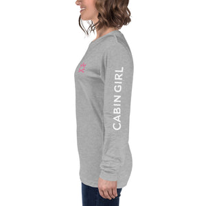 light grey unisex long sleeve camping t-shirt with sleeve logo
