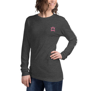 heather grey unisex long sleeve camping t-shirt with sleeve logo
